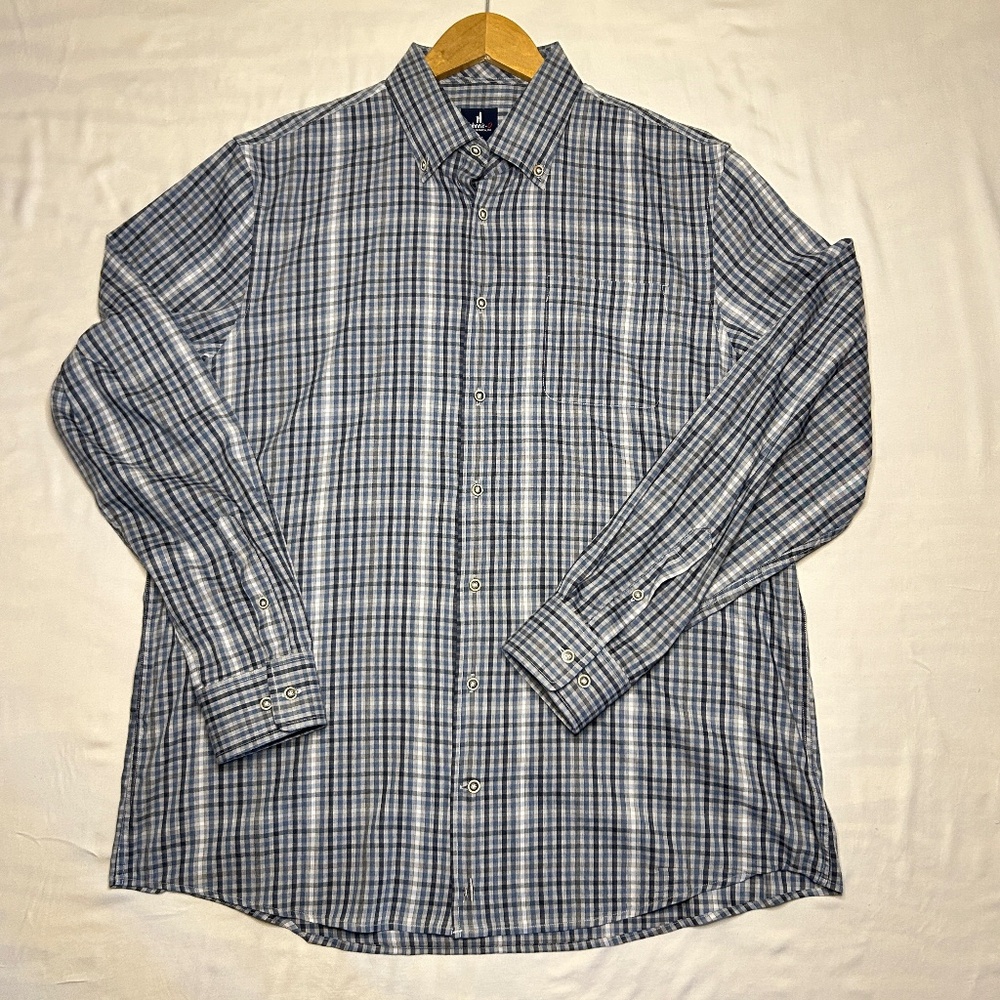 Johnnie-O Men’s L Shirt Button Down Light Gray Plaid Long Sleeve Stretch